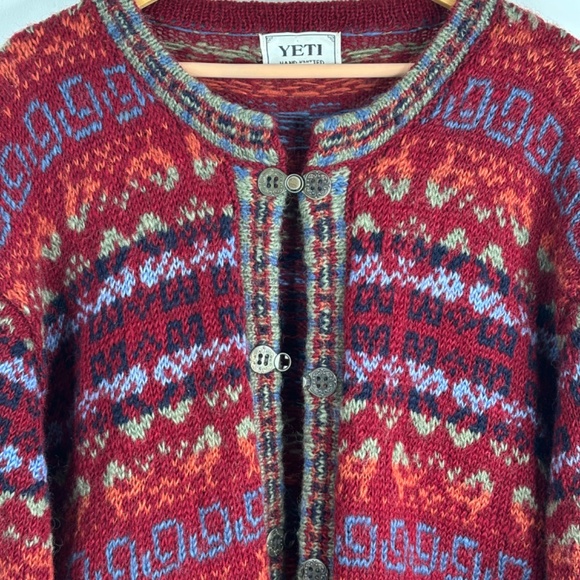 YETI Nepal Wool Cardigan XL Hand Knit Red Fair Isle Chunky Christmas Granny Ski - Picture 2 of 11